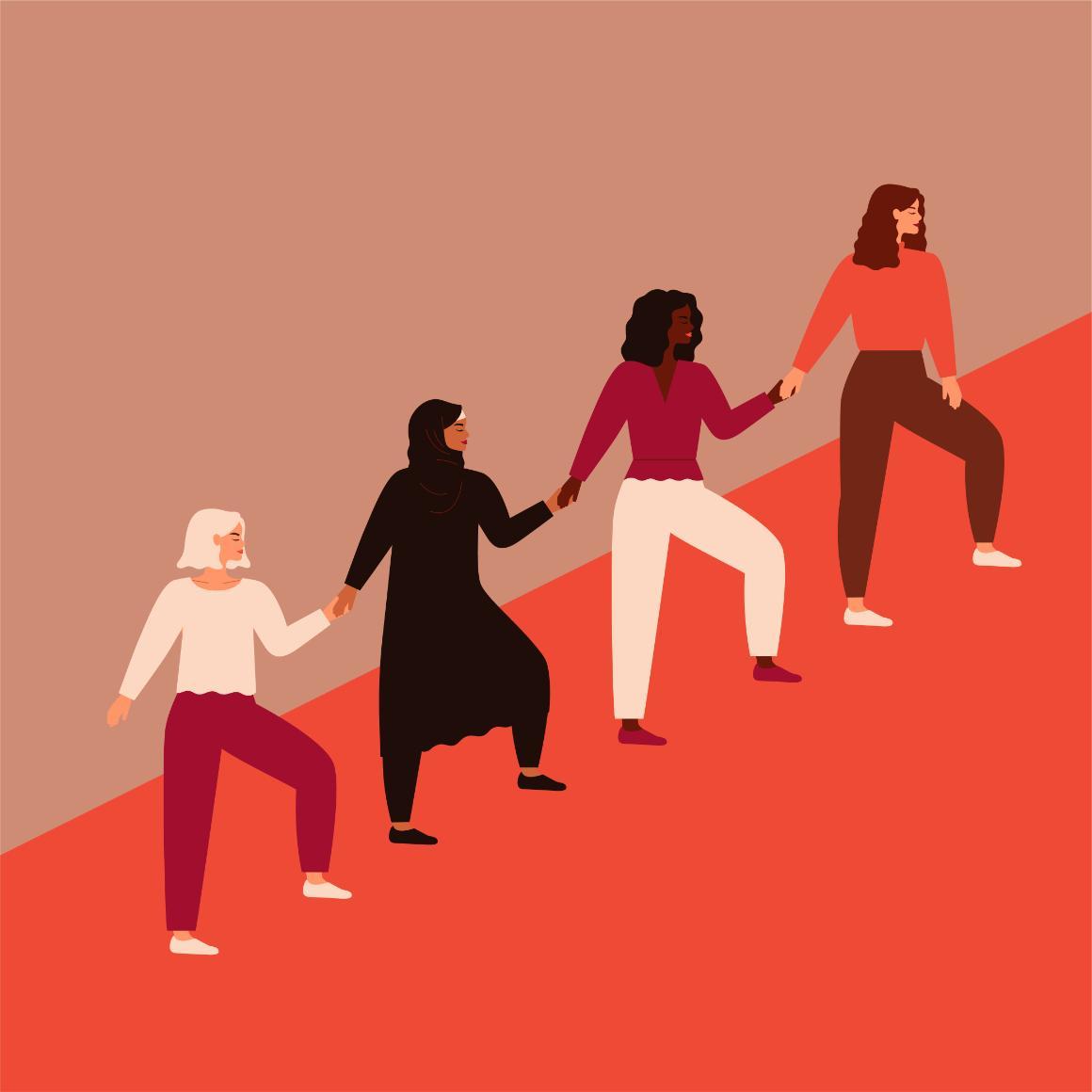 Four women holding hands and climbing uphill together image link to story